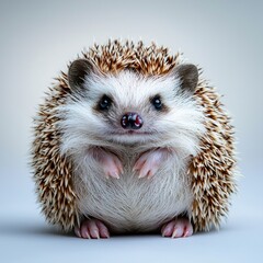 Obraz premium A cute hedgehog with brown and white spines, standing on a grey background with its paws tucked underneath its body, staring directly at the camera.