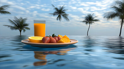 Obraz premium Floating Breakfast with Fruit and Juice by the Water