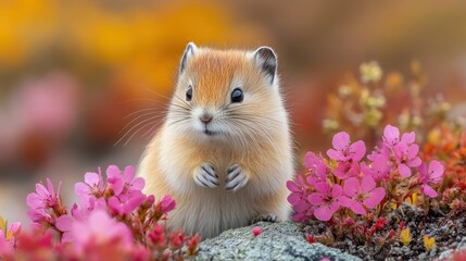 Fototapeta premium A small, cute animal among vibrant pink flowers in nature.