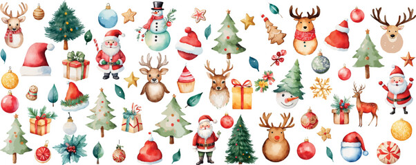 Christmas elements set design. Christmas collection of bells, Santa, deer, cookies, showman, tree, Hand Drawn Christmas Doodles, Christmas Celebration Related Object in Watercolor Style Illustration