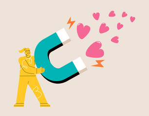 Female using magnet attracts hearts. Clients attraction concept. Colorful vector illustration