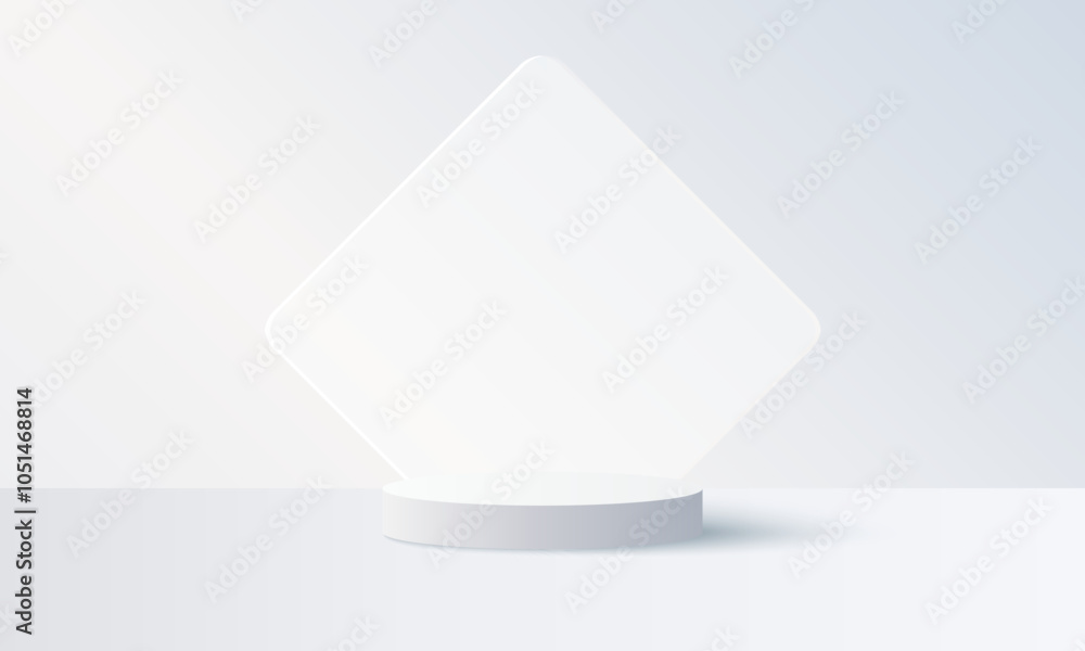 Poster minimalist 3d white round podium with soft background and glass square element for product display, 