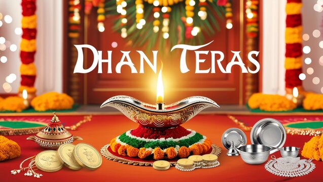 Dhan Teras Celebration with Traditional Diya, Gold Coins, and Decor, Festive Dhanteras Setup with Diya, Marigold Flowers, and Wealth Symbols