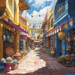 Fototapeta premium A colorful, bustling marketplace with buildings showcasing traditional architectural styles, lined with vendor stalls, and filled with local artifacts. 