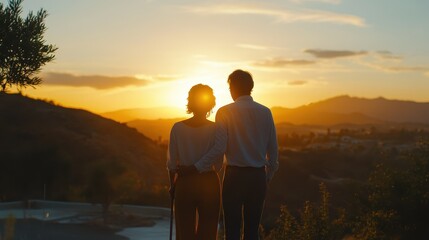 A couple, one of whom uses a walking cane, enjoying a sunset together at a scenic overlook with a serene expression.