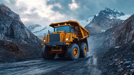A large yellow dump truck navigating a rocky mountain landscape.