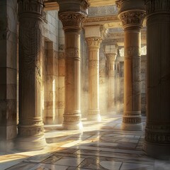Fototapeta premium A majestic, ancient temple featuring tall columns and detailed carvings, illuminated by gentle morning light, with shadows dancing across the marble floors.