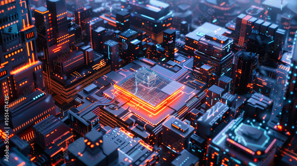 Poster a high-resolution view of a floating ai chip with holographic interface above a vibrant cityscape fi