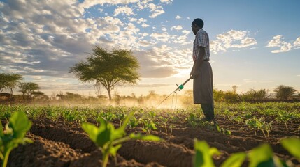 Fototapeta premium A farmer using a drip irrigation system to manage water sustainably, focusing on reducing waste while maintaining crop health in an arid region