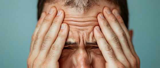A man expressing stress with his hands covering his face, showcasing a deep emotional struggle against anxiety and overwhelming pressure.