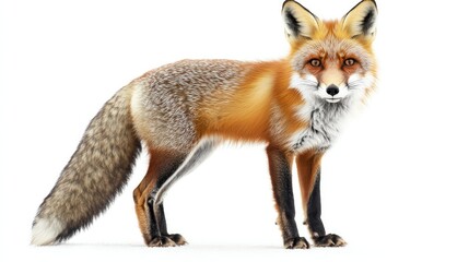 Obraz premium A lively watercolor painting of a red fox standing alertly, with detailed fur and sharp eyes. The clean white background brings focus to the fox elegant figure