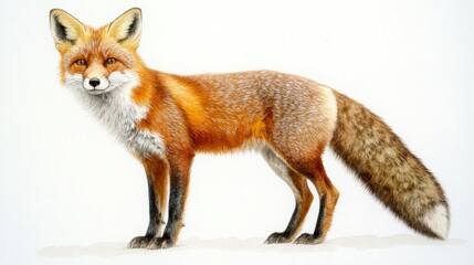 Fototapeta premium A lively watercolor painting of a red fox standing alertly, with detailed fur and sharp eyes. The clean white background brings focus to the fox elegant figure