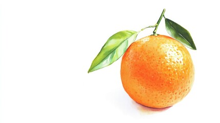 A lively watercolor painting of a ripe orange with a green leaf, painted in vibrant shades and isolated on a white background for a refreshing effect