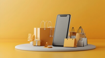 Online shopping and ecommerce concept with smartphone device shopping bags gift boxes and other retail items arranged on a yellow background in a flat lay studio setup  Mobile technology