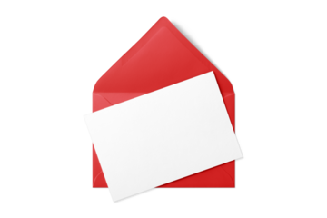 Opened red envelope mockup with blank paper isolated on a transparent background, PNG. High resolution. 