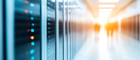 A modern server room featuring sleek servers and a blurred background of personnel, highlighting advanced technology and data processing.