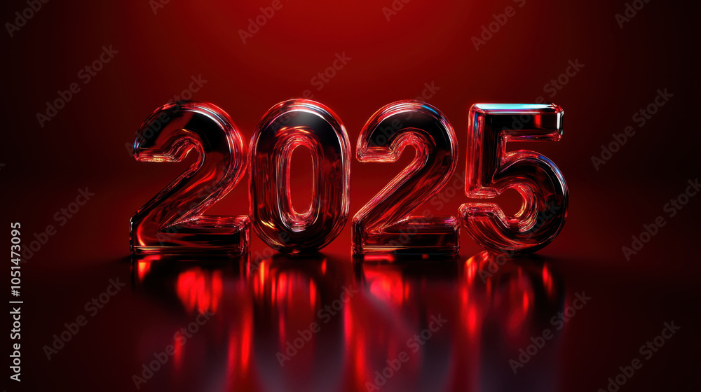 Poster 2025 in reflective dark chrome on deep red background, creating striking visual effect. numbers stan