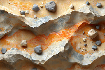 An abstract depiction of layered rock formation featuring smooth, colorful textures and scattered pebbles, resembling geological features in nature.