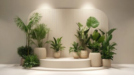 Fototapeta premium A minimalist display area showcasing a stylish curved backdrop and an array of potted plants, radiating freshness and modern charm.
