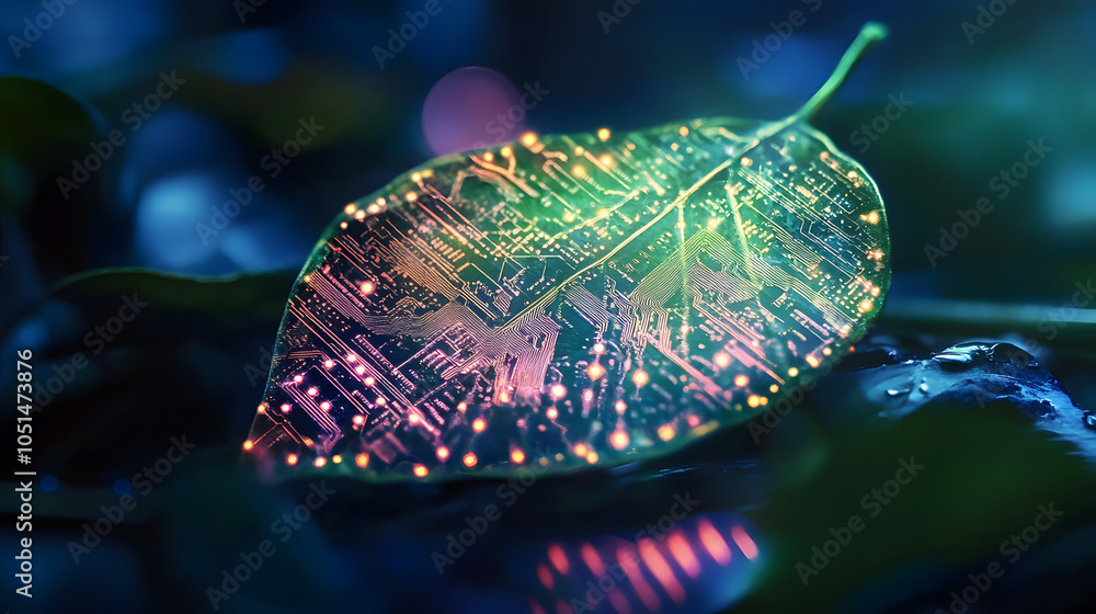 Poster this image showcases a leaf with a glowing circuit board pattern, symbolizing a fusion of nature and