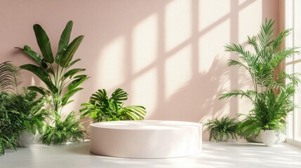 Fototapeta premium A minimalist interior showcasing a round display pedestal enveloped by greenery, contrasted beautifully with a soft pink wall and natural light.
