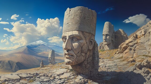 Nemrut Mountain, Anatolia, Turkey top the god Apollo, (Mithra) and ancient stone statues of the Goddess Tyche of Commagene ruins