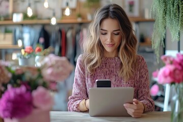 Fototapeta premium Small business owner using a smartphone in a warehouse, Generative AI