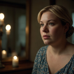 Portrait Of A Plus-size Woman Looking At A Vintage Mirror With Contemplative Expression, Warm Glow, Soft-focus, Emotional Portrait Self-reflection