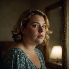 Portrait Of A Plus-size Woman Looking At A Vintage Mirror With Contemplative Expression, Warm Glow, Soft-focus, Emotional Portrait Self-reflection