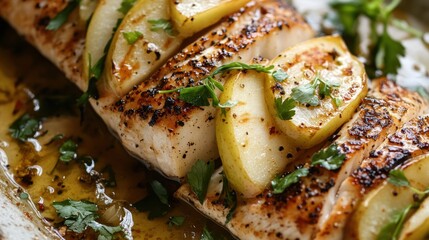 A grilled fish dish garnished with thin slices of pickled apples and fresh herbs, adding a crisp and tangy finish to the meal
