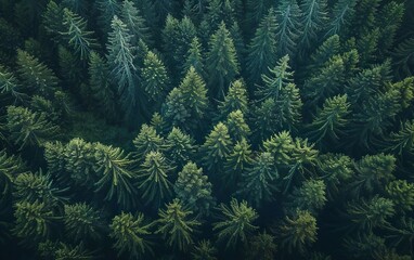 Obraz premium Drone botanical poster. Aerial shot of Nordic lush green blue pine trees, summer mist. Modern Scandi banner, top view, dendritic pattern. Calm Scandinavian forest background. Birds eye view from above