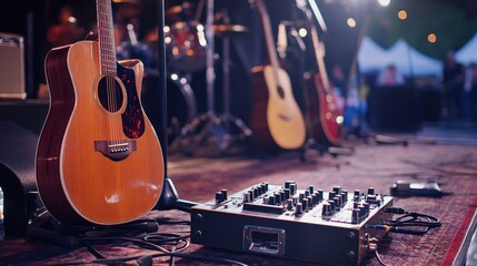A close-up of an acoustic guitar on a stage with a soundboard and cables. The background shows a blurred image of a stage, instruments, and an audience.