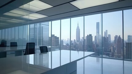 A sleek, minimalist office space with modern glass partitions, ergonomic desks, and a view of the city skyline from floor-to-ceiling windows.