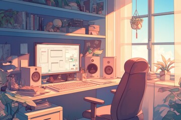 Peaceful Home Office with Soft Textiles, a Cozy Desk Setup, and Personal Touches that Enhance the Comfort of the Space, Cozy Vibe, Generative AI