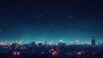 Fototapeta premium A brightly lit urban skyline at night, with an overabundance of streetlights, billboards, and building lights obscuring the stars in the sky, illustrating the impact of light pollution