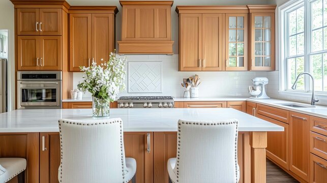 Professional photography, modern honey oak cabinets in a transitional kitchen
 - Powered by Adobe
