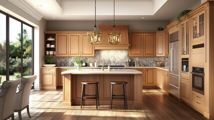 Professional photography, modern honey oak cabinets in a transitional kitchen
