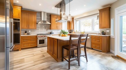 Professional photography, modern honey oak cabinets in a transitional kitchen
