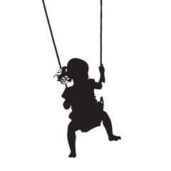 Fototapeta premium Black silhouette of baby girl flying high with fun on rope swing