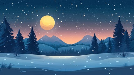 Naklejka premium A snowy winter night with a full moon and silhouettes of pine trees in the foreground and mountains in the background.