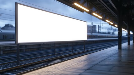 A white billboard by a train station platform, with tracks stretching out and trains waiting to depart.