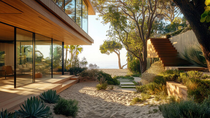 minimalist beach house featuring wood and glass elements, surrounded by lush greenery and sandy pathways. serene atmosphere invites relaxation and tranquility