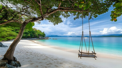 Swing on Exotic Tree over Serene Beach Scene