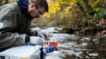A scientist testing water samples for traces of pharmaceuticals, with lab equipment showing high levels of medication residues in nearby streams