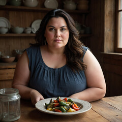 Portrait Of A Confident Plus-size Woman, Fat, Weight Loss, Looks At A Plate Of Colorful Grilled Vegetables, Sitting In The Dining Room In A Cozy Kitchen Atmosphere, Happy For Change Lifestyle Healthy 