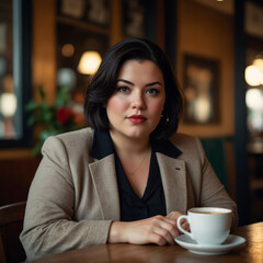 Plus Size Woman Confidently Enjoying Coffee at Cozy Vintage Cafe Joyful Expression mid-forties sipping espresso, chic outfit