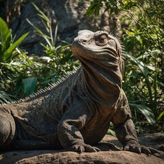 Fototapeta premium A komodo dragon basking on a sunlit rock, with jungle foliage behind. 