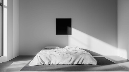 Modern minimalistic interior, a bed in the bedroom against an empty white wall, a carpet on the floor, a small square unframed painting on the wall
