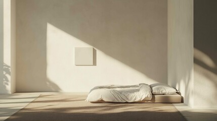 Fototapeta premium Modern minimalistic interior, a bed in the bedroom against an empty white wall, a carpet on the floor, a small square unframed painting on the wall 