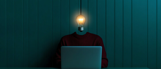 A surreal image of a person with a light bulb for a head, seated in front of a laptop on a teal background, symbolizing ideas and creativity.